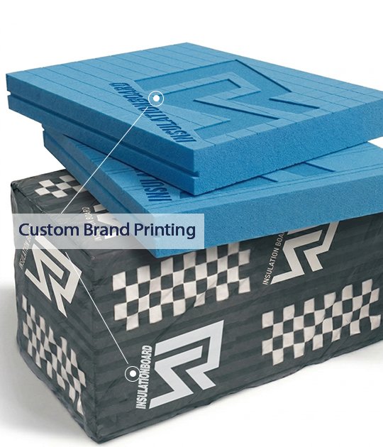 High-performance blue XPS insulation boards with custom embossed brand logo and professional private label packaging